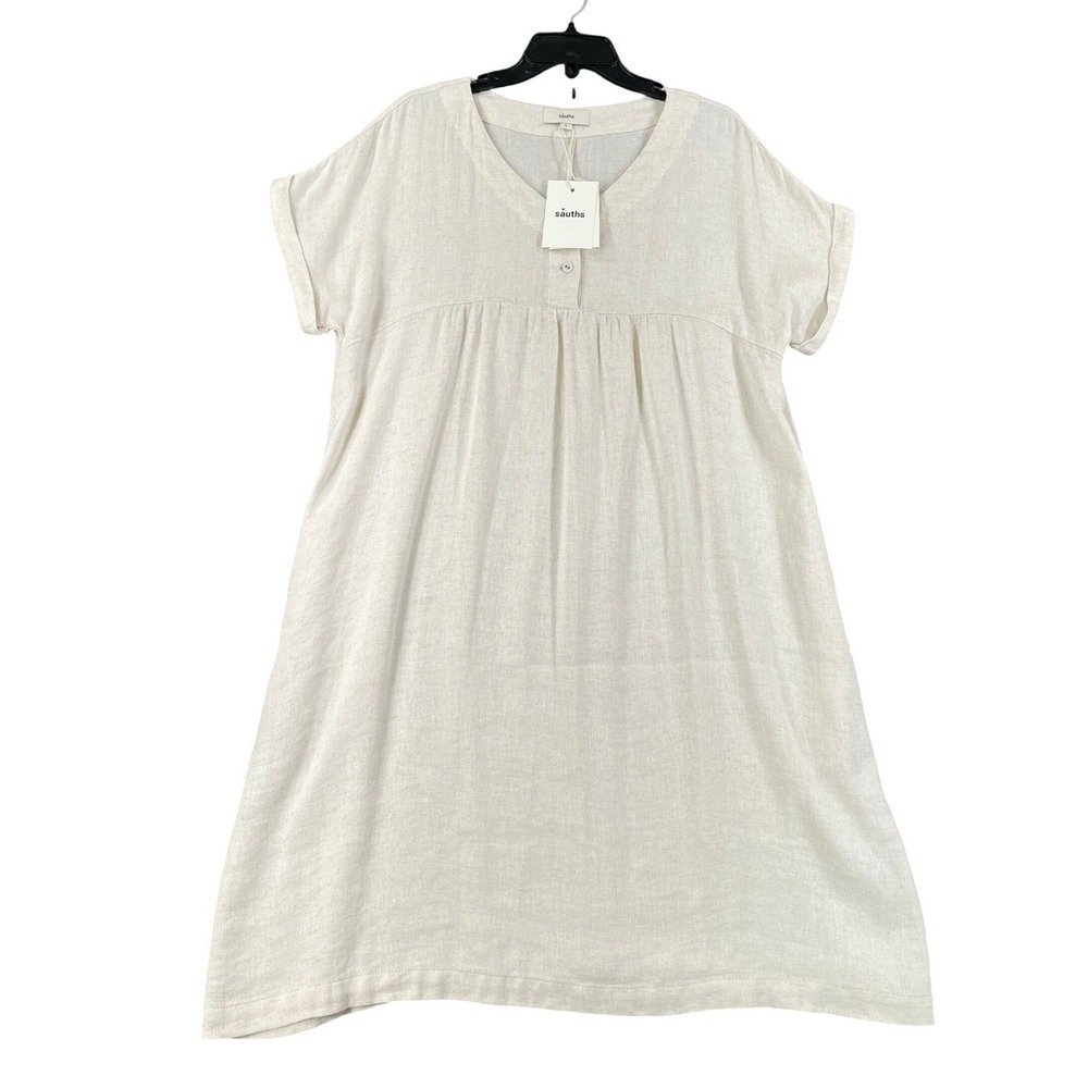 Sauths Linen Blend Dress Women L Cream Short Sleeve Henley Empire Waist Casual